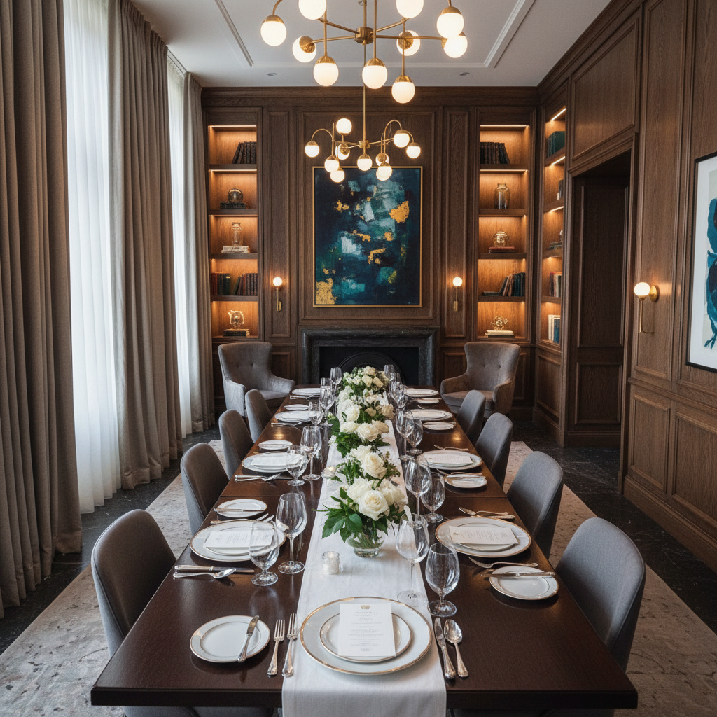 Elegant private dining room with candlelit tables and floral centerpieces