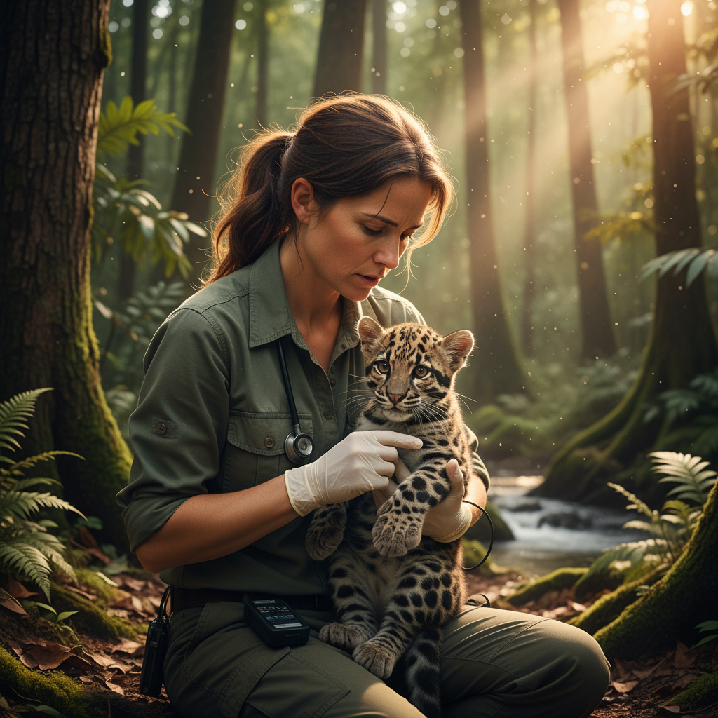 Wildlife veterinarian working with exotic animal in natural setting
