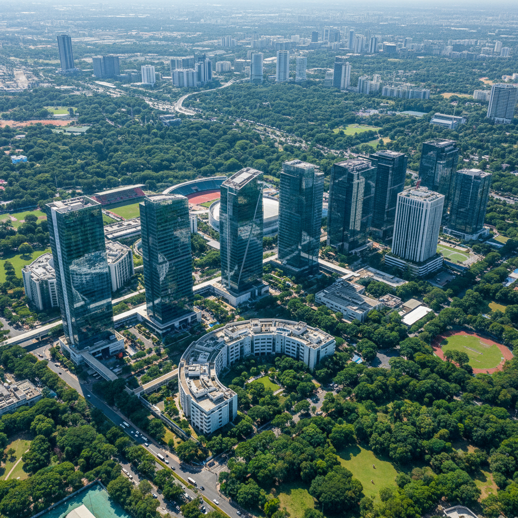 Bengaluru city skyline with modern tech park buildings and lush greenery