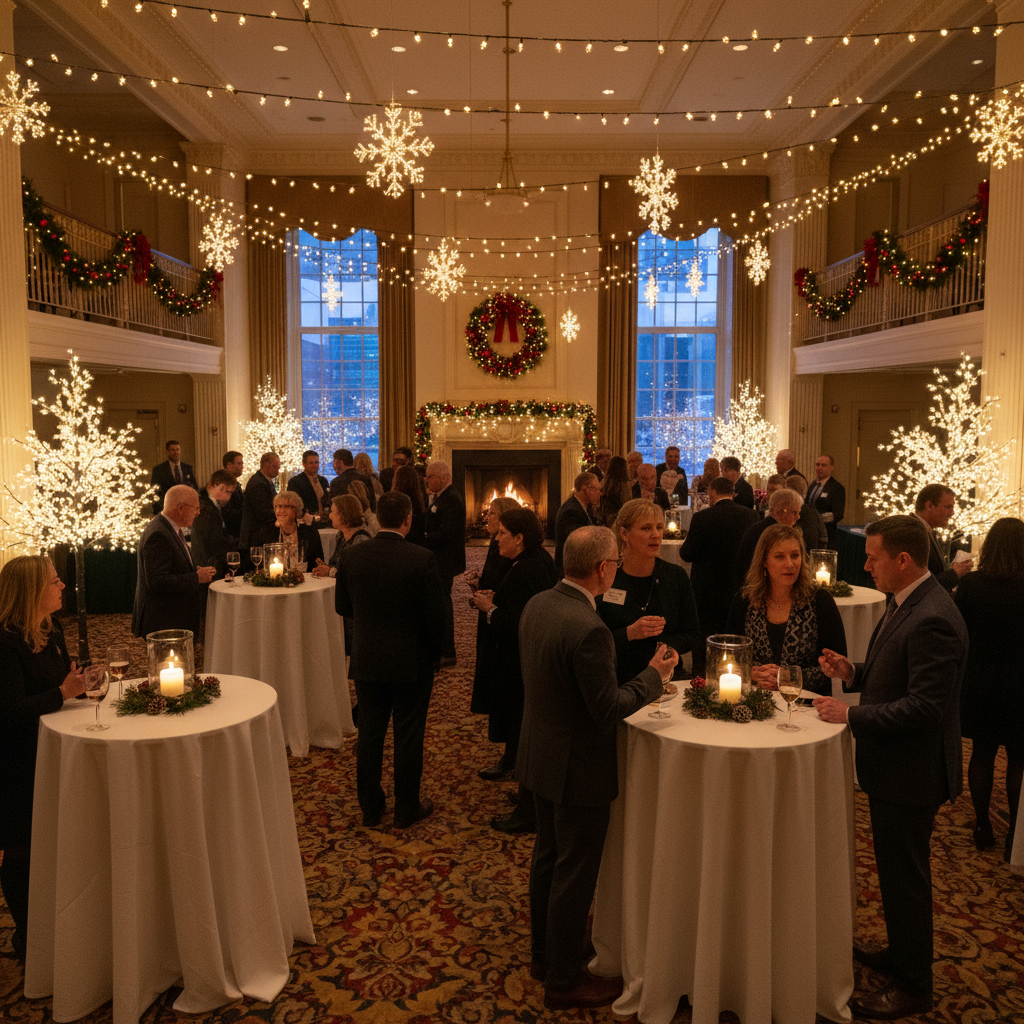 University welcome event with students mingling in a bright hall with warm ambient lighting and open airy atmosphere