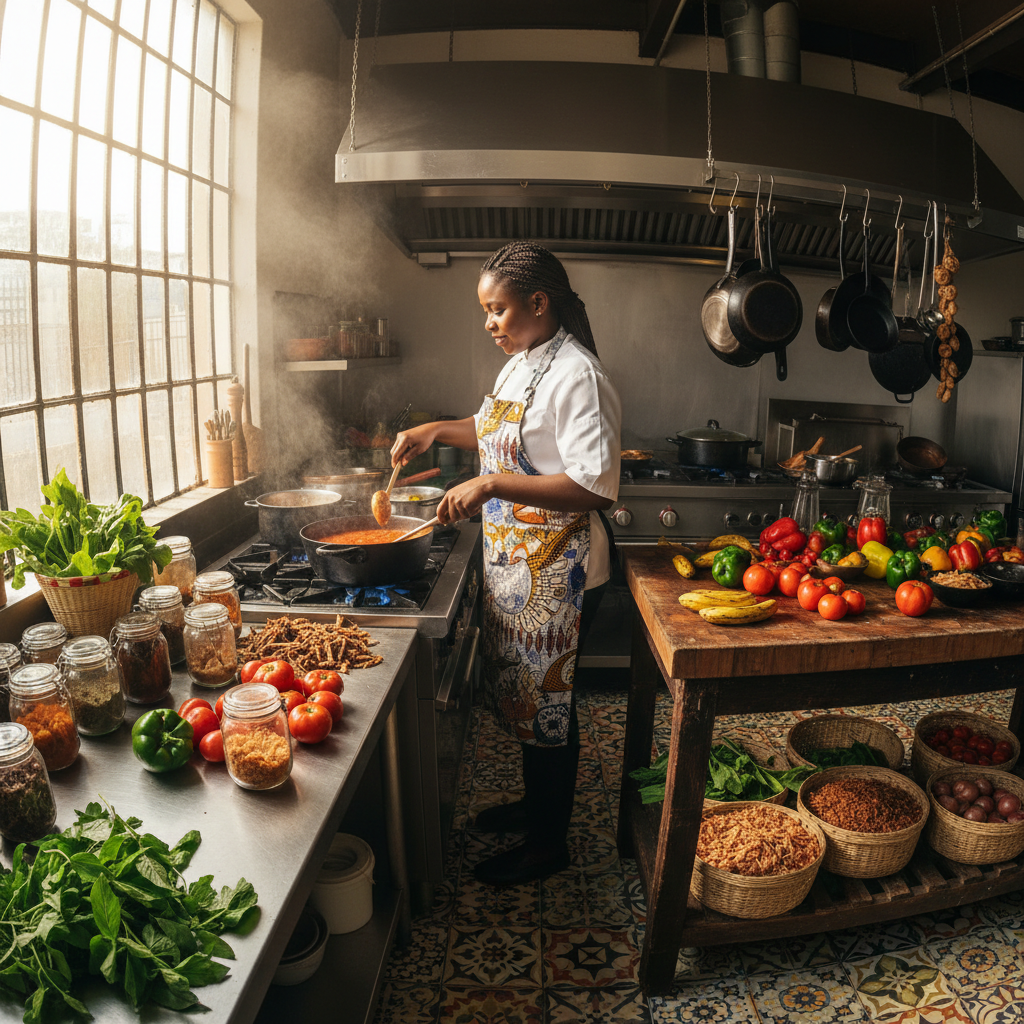 Nigerian chef hands preparing traditional spices and ingredients in a bright kitchen