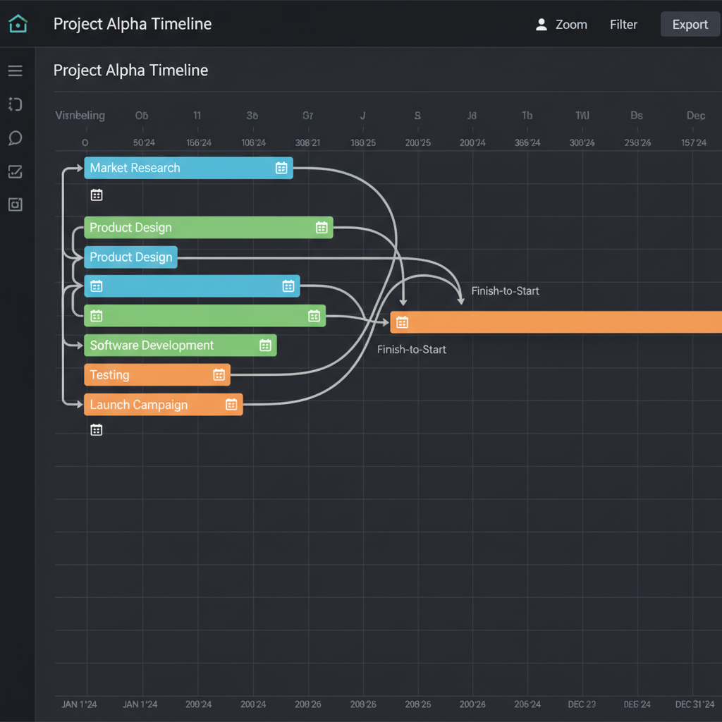 Thumbnail 3: Linear roadmap timeline view with project milestones and dependency lines across teams