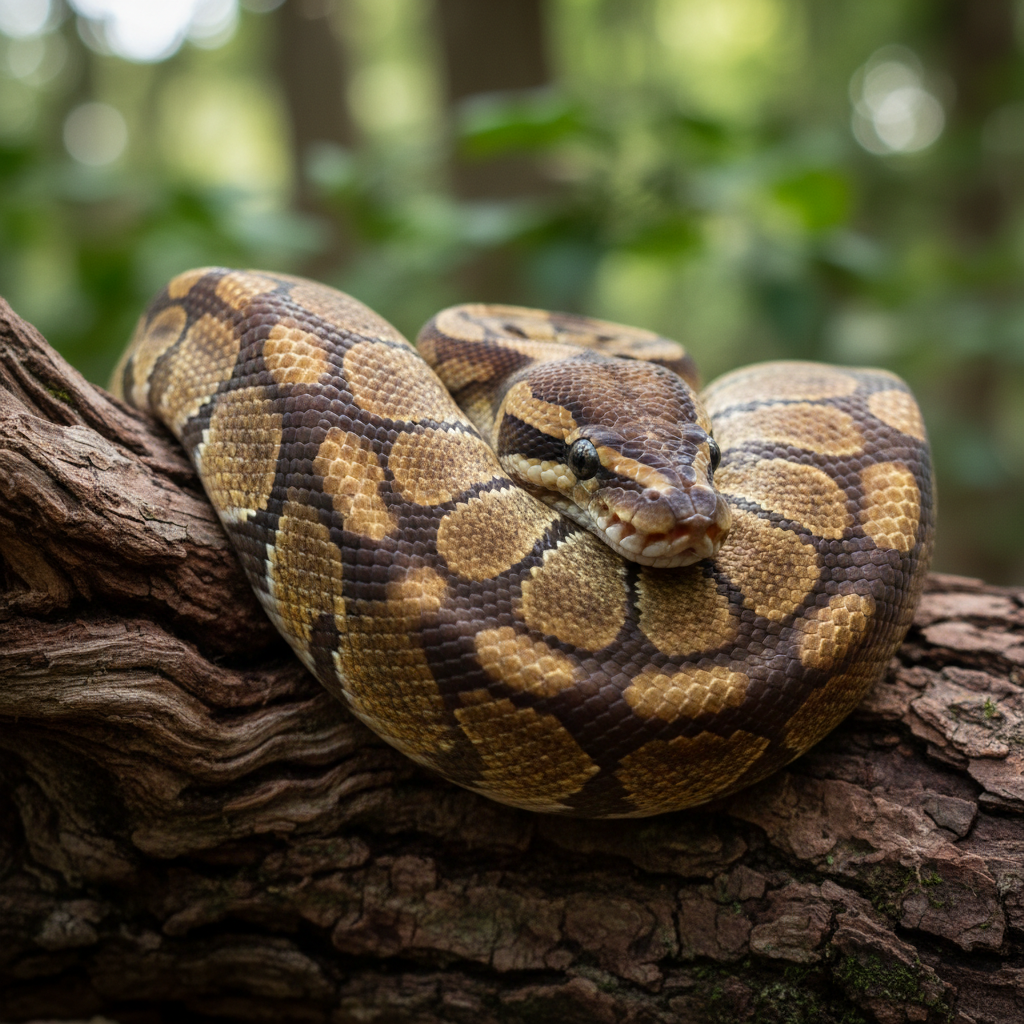 Classic brown and gold normal ball python resting calmly on a wooden branch