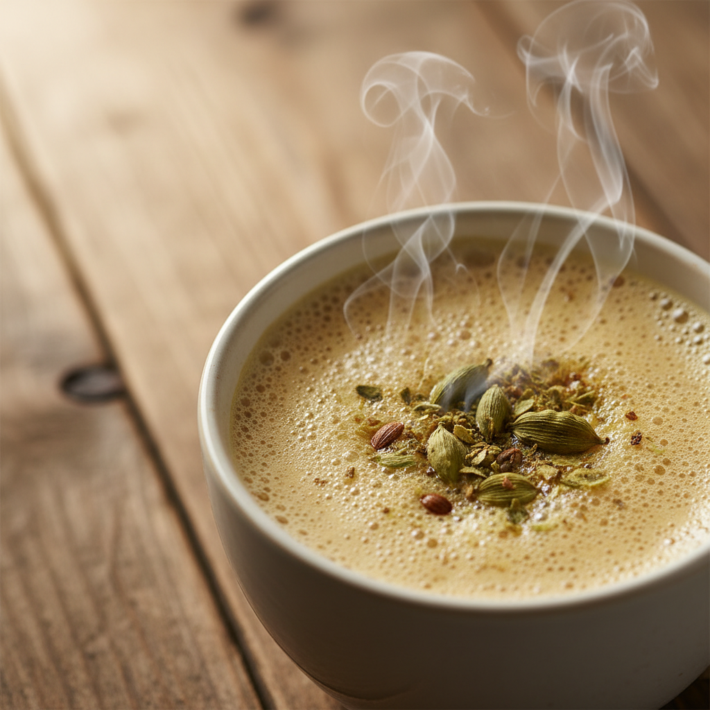 Steaming cup of golden karak chai with cardamom on a warm wooden surface