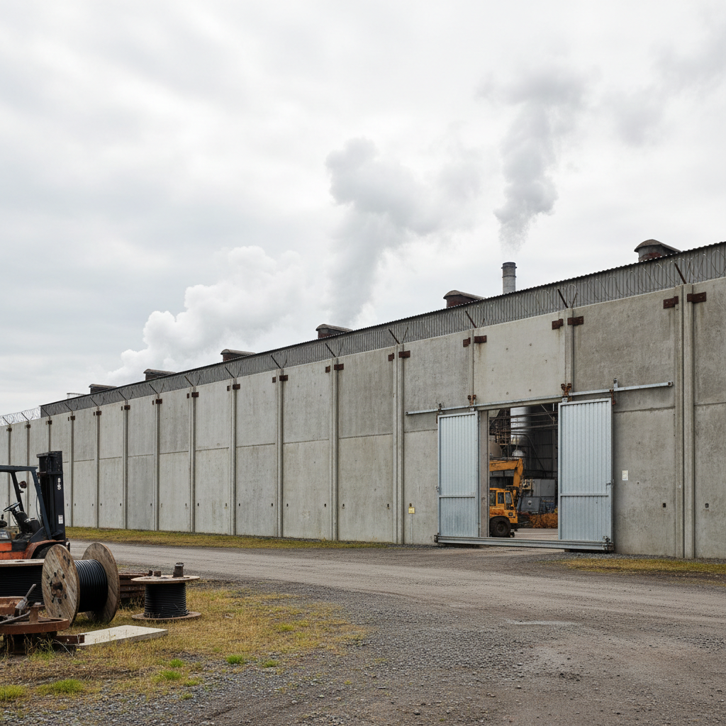 Industrial perimeter wall construction, large concrete panels, factory boundary wall, professional installation