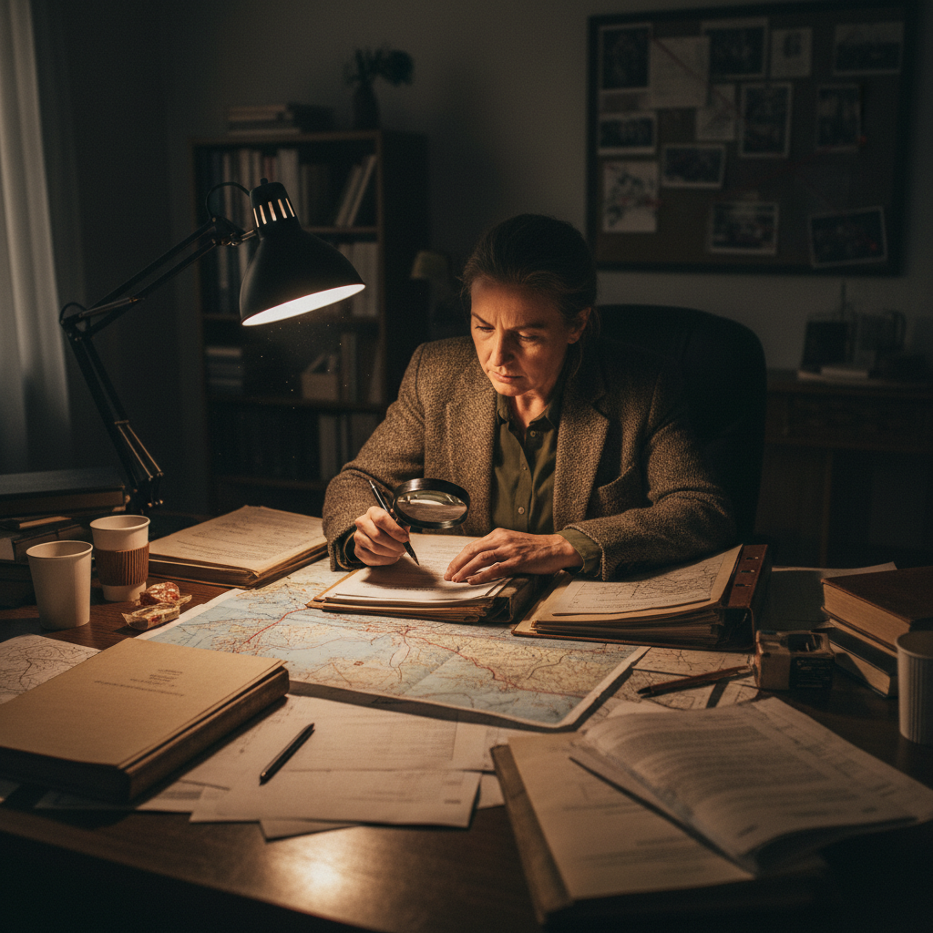 Investigator reviewing case files and maps at a desk with focused lighting