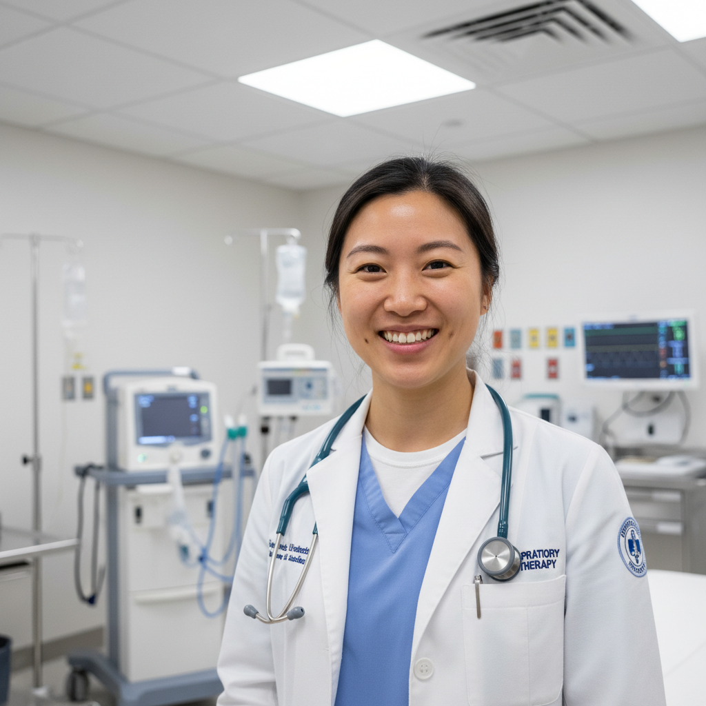 Margaret Chen, occupational therapist, smiling in a bright clinical setting wearing professional attire