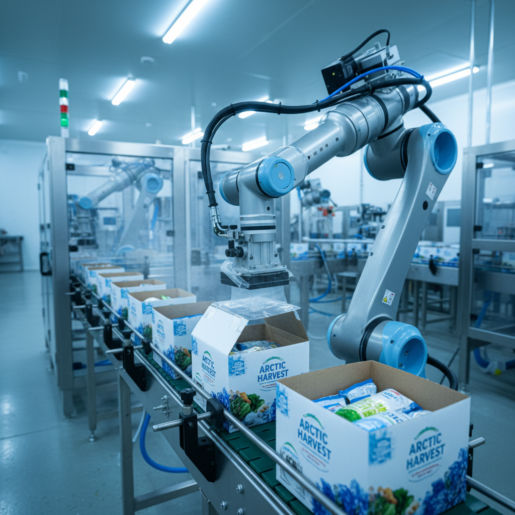 Robotic arm sealing frozen food packaging cartons on automated production line