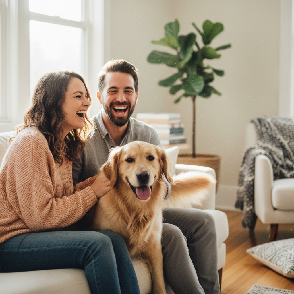 Couple laughing with their dog during an in-home session