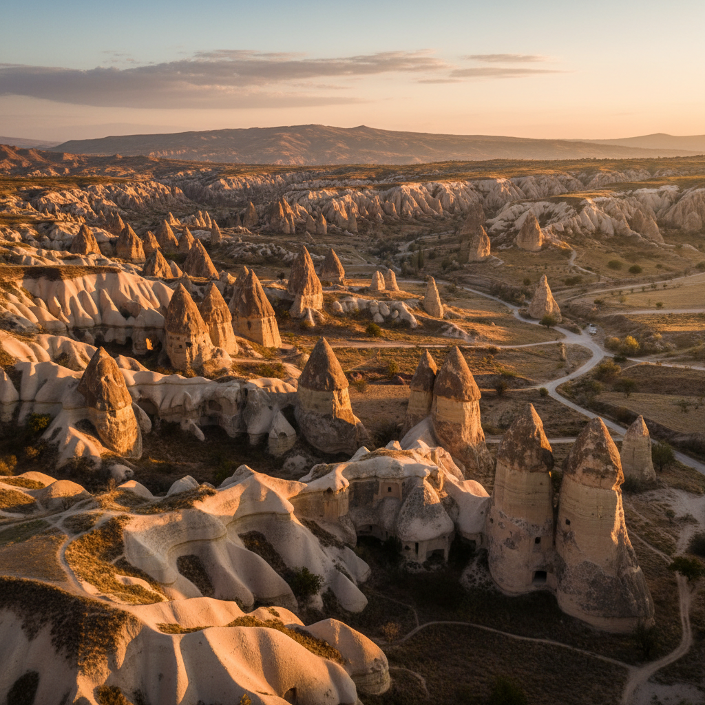 Golden sunrise light washing over Göreme Valley fairy chimneys, long shadows stretching across volcanic tuff formations