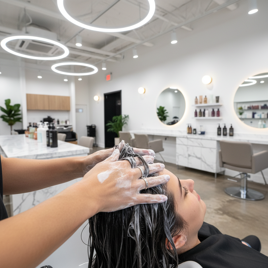 Hairstylist applying deep conditioning treatment to a client with a warm towel wrap