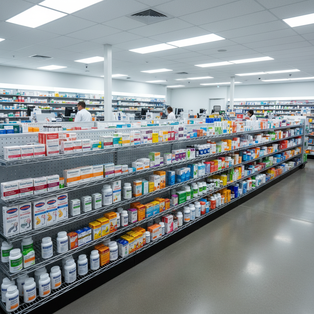 Wire shelving in a pharmacy stocked with over-the-counter medications