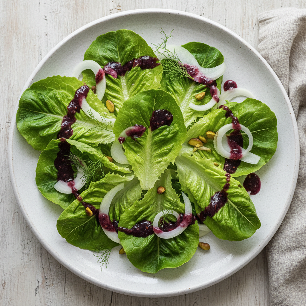 Overhead shot of elegant butter lettuce salad with shaved fennel and purple plum vinaigrette on white stoneware plate