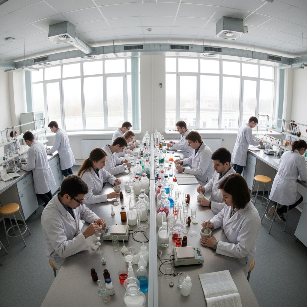 Laborator kimie me flakë të ndezur, dritë e bardhë intensive, eksperiment shkencor kimie