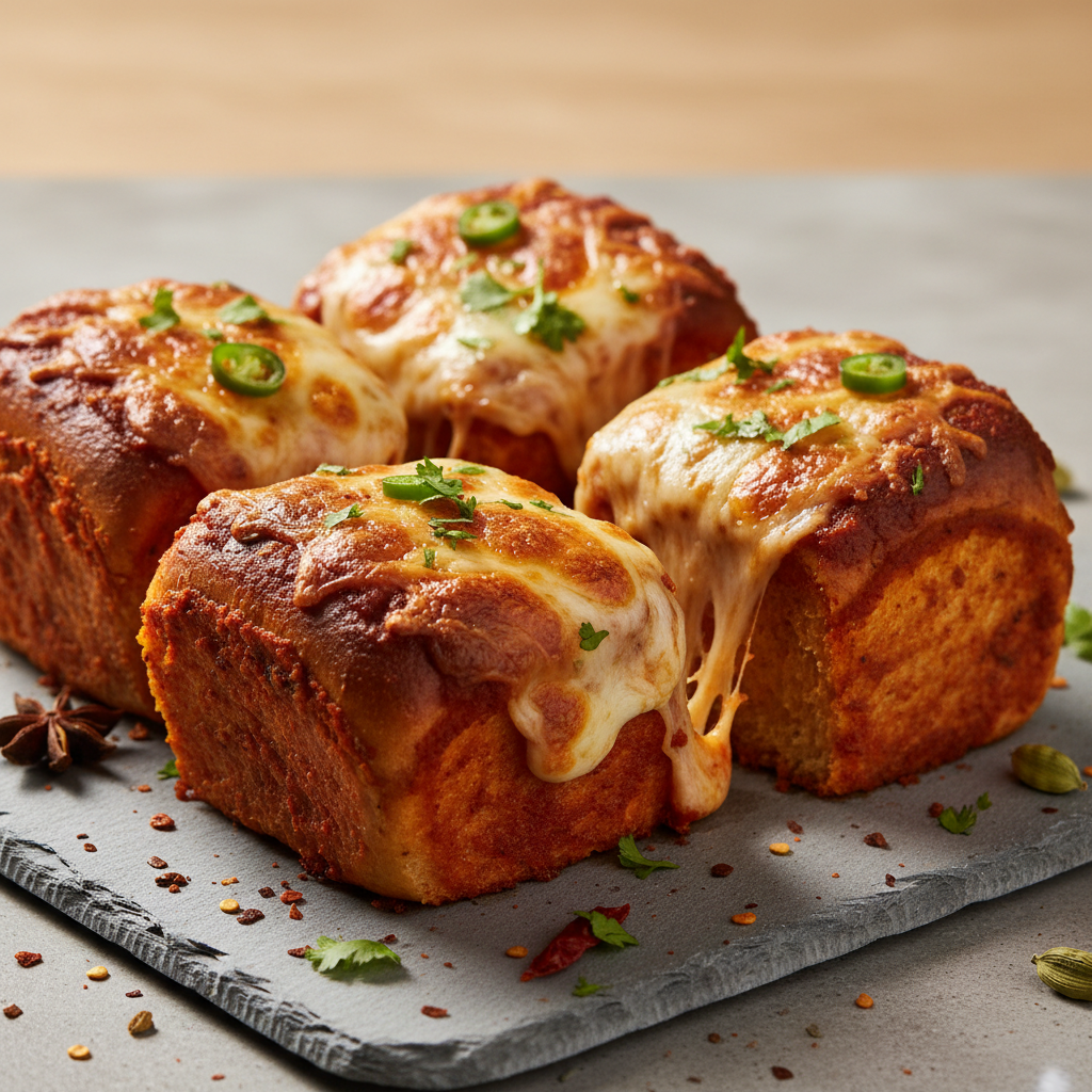 Pav Bhaji Cheese — Pav bhaji topped with cheese, Indian café food photography with warm colours and appetising presentation