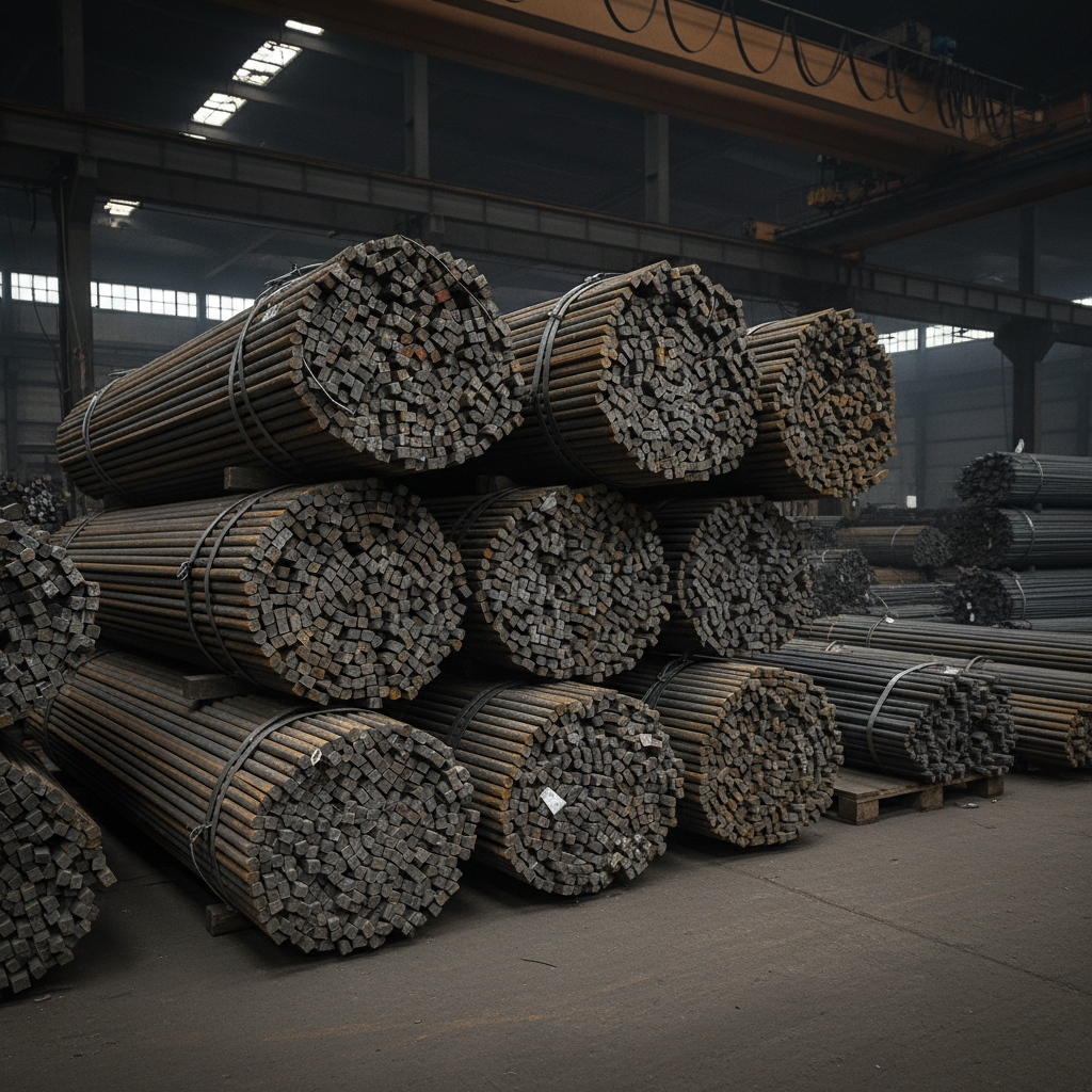 Bundled hot-rolled steel round bars in industrial stockyard, dark metallic surfaces, atmospheric warehouse lighting