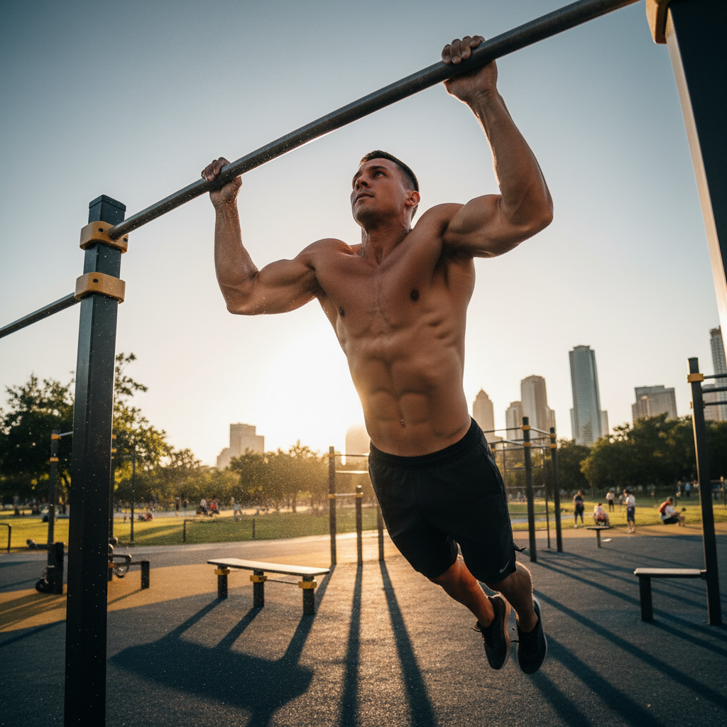 Athletic man doing pull-ups outdoors at sunset, silhouette against orange sky, dramatic backlighting