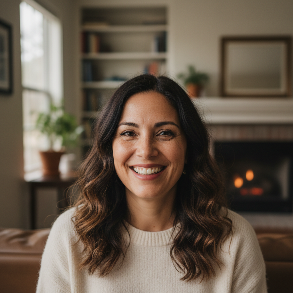 Latina woman in her forties, warm expression, photographed indoors