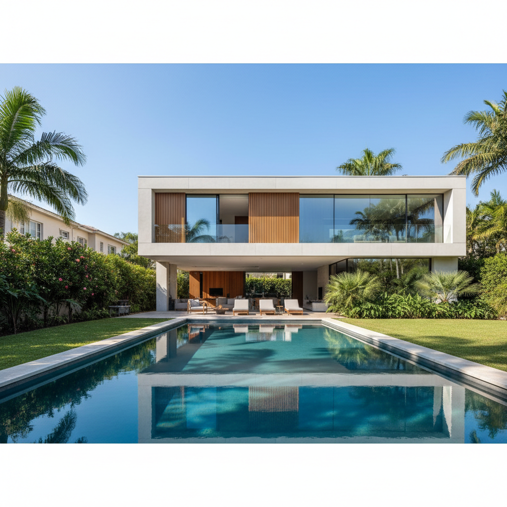 Modern two-story home with palm trees, bright sky, contemporary architecture California