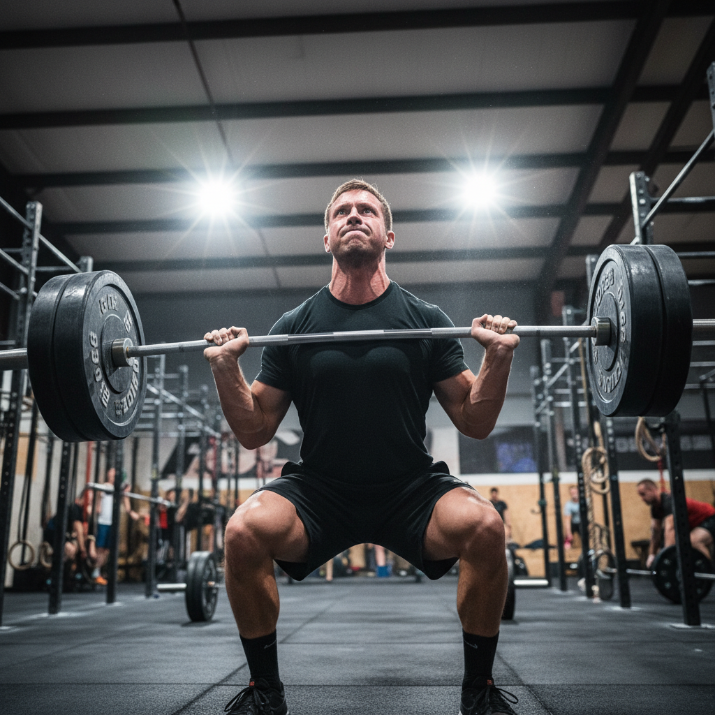 Olympic lifter catching clean and jerk at full depth, intense concentration, competition platform