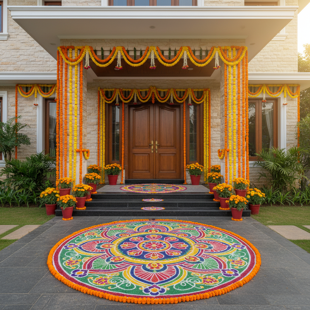 Traditional Indian home entrance decorated with rangoli and marigold garlands for housewarming ceremony