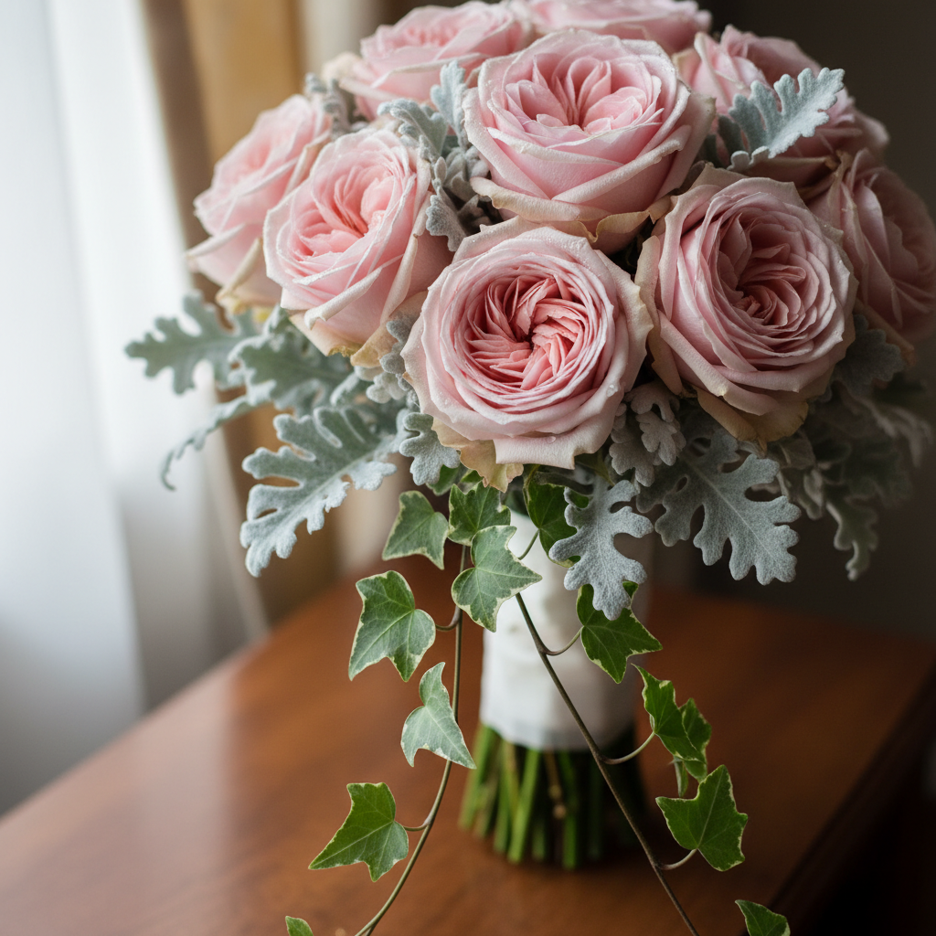 Elegant ivory cascading bridal bouquet with garden roses and peonies