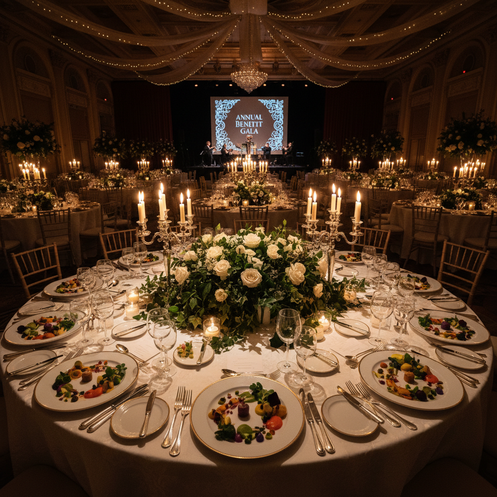 Gala dinner tables elegantly set with candles and white linen in a grand ballroom