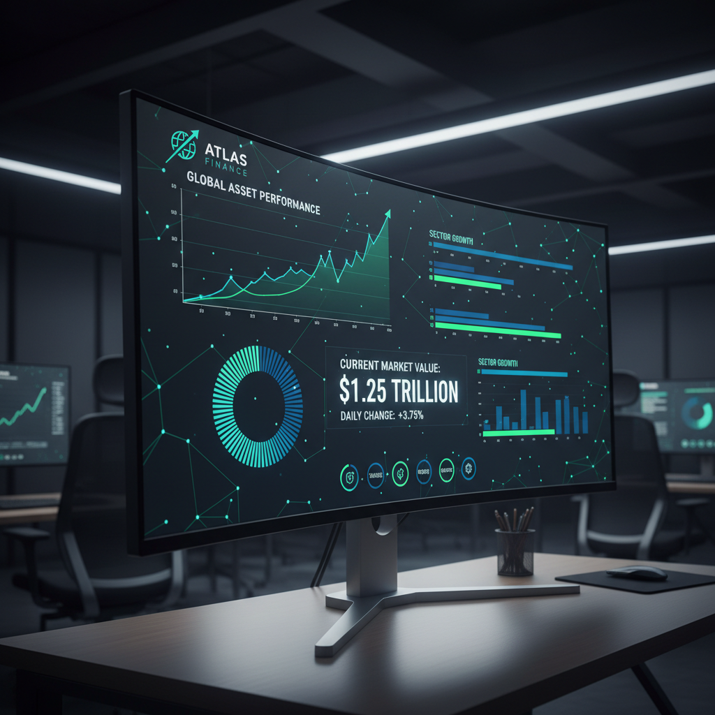 Dark finance dashboard interface, dim professional corporate environment, deep blue-grey atmospheric lighting