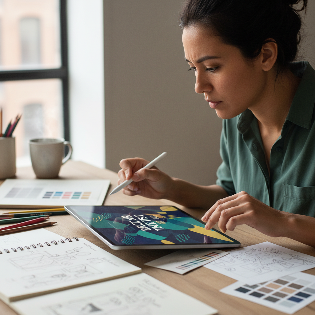 Designer working on book cover design on computer