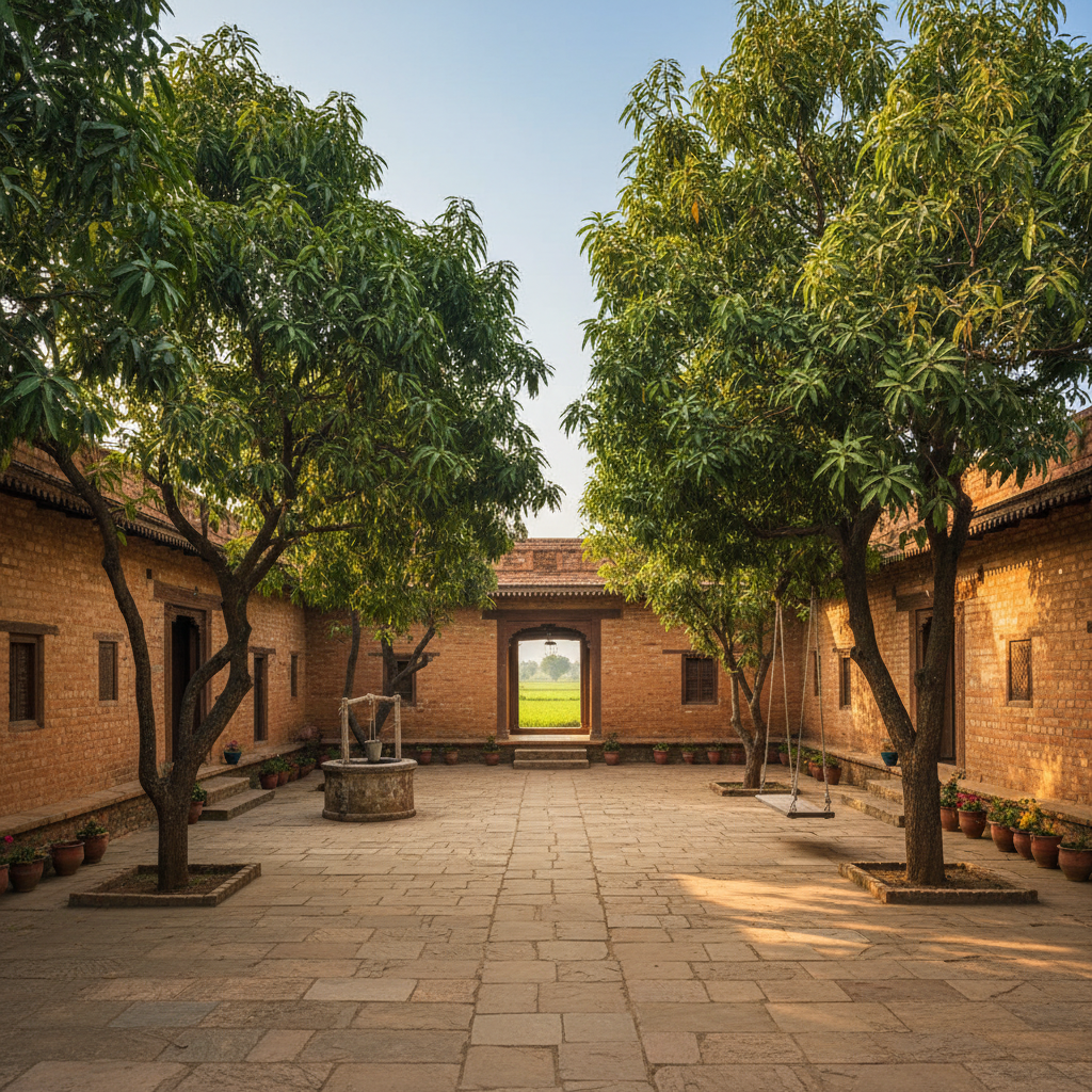 Historic Omer Cottage built in 1939, a traditional Bihar architecture home with terracotta walls and peaceful courtyard surrounded by mango trees