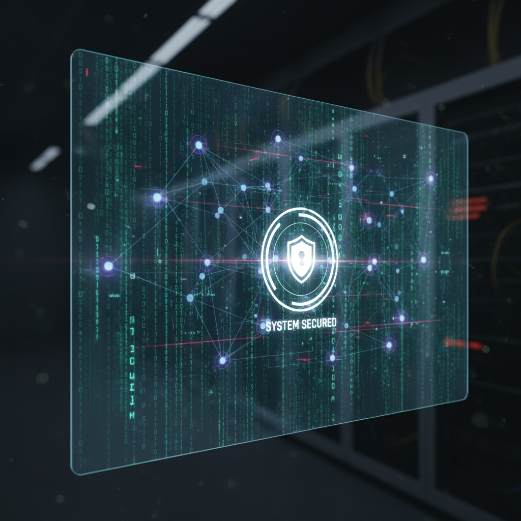 Karanlık arka plan ve parlayan ağ düğümleriyle soyut dijital güvenlik görselleştirmesi