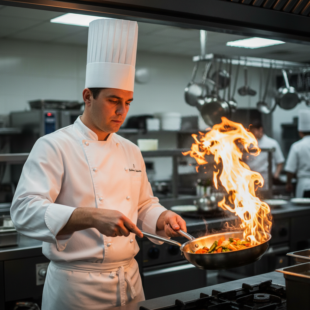 Professional restaurant kitchen with stainless steel surfaces, chef in white uniform, flames from open burner, dramatic low lighting