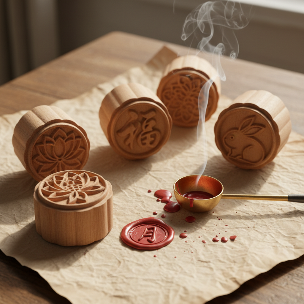 Hand-pressed mooncake stamps on parchment paper with red wax seal