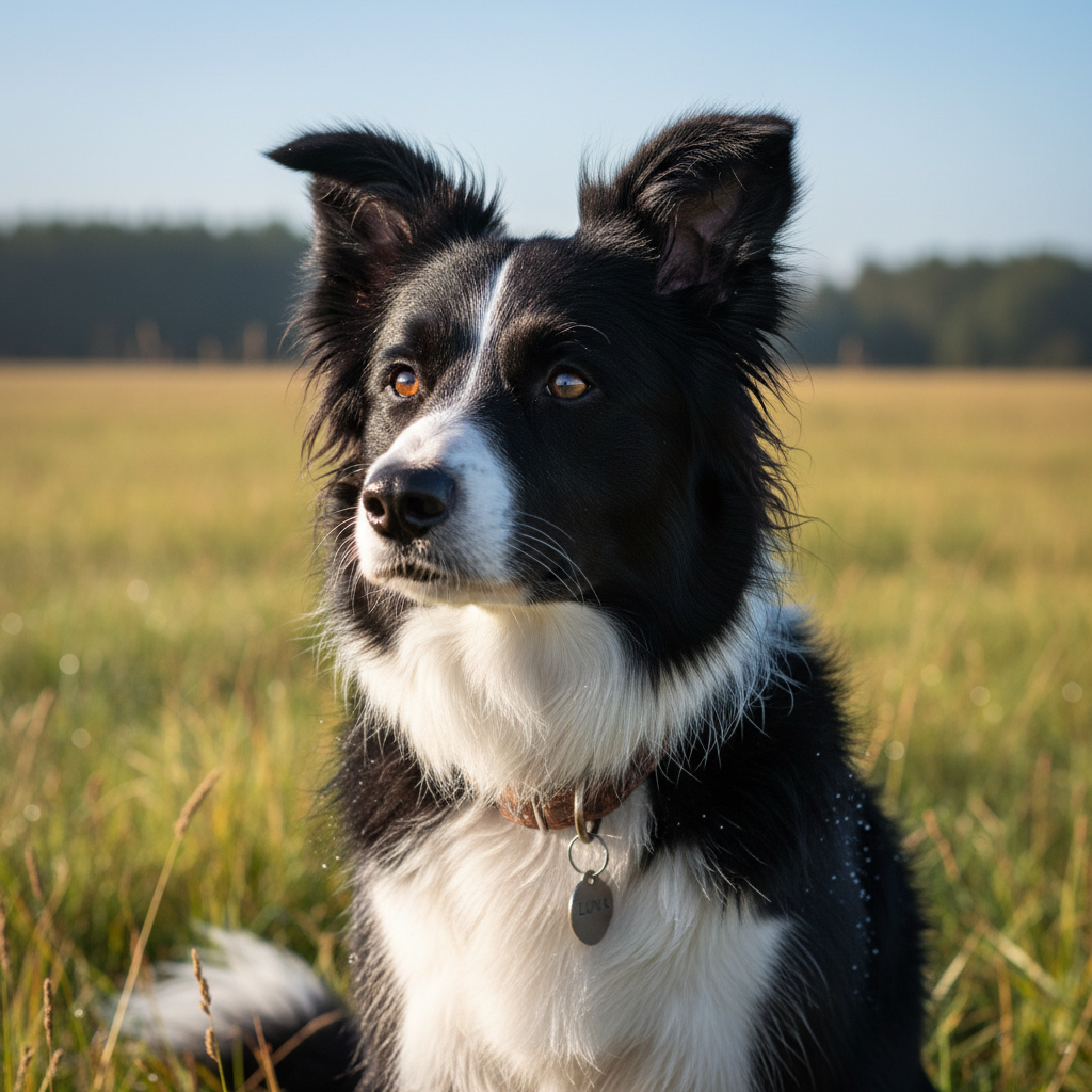 Black and white border collie with alert posture sitting on green grass