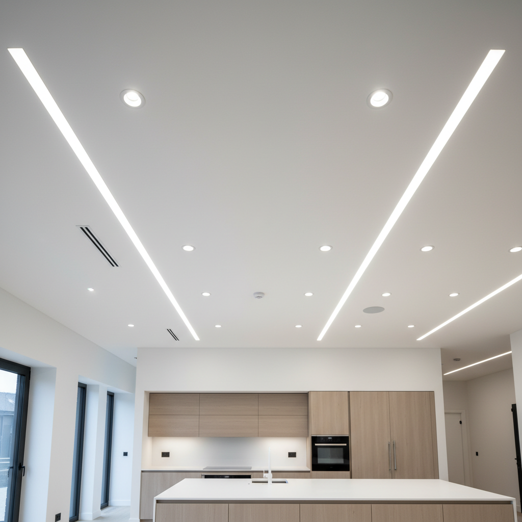 Modern suspended ceiling installation with recessed lighting, professional finish