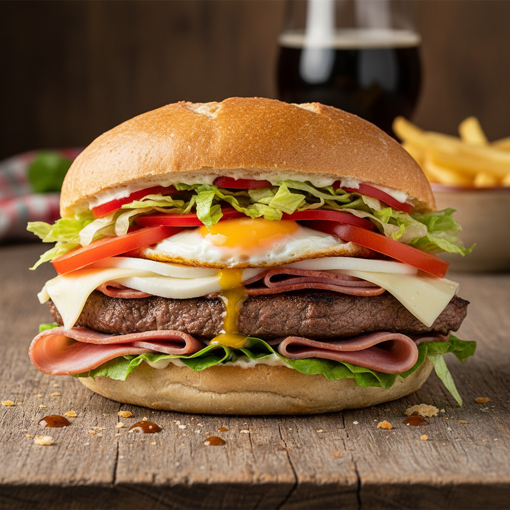 Chivito completo sandwich with all toppings