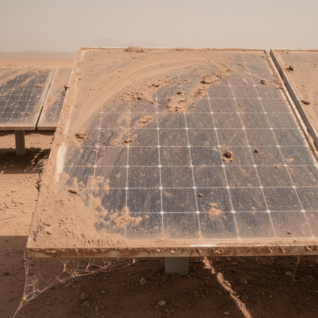 Solar panel field viewed from satellite, dark atmospheric lighting, dust-covered panels in arid desert landscape