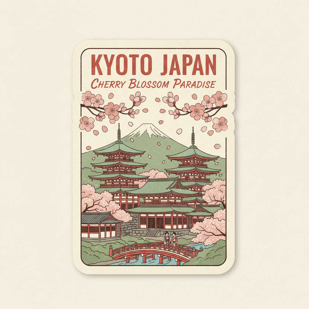 Cherry blossom Kyoto travel poster in pink and sage green retro illustration style