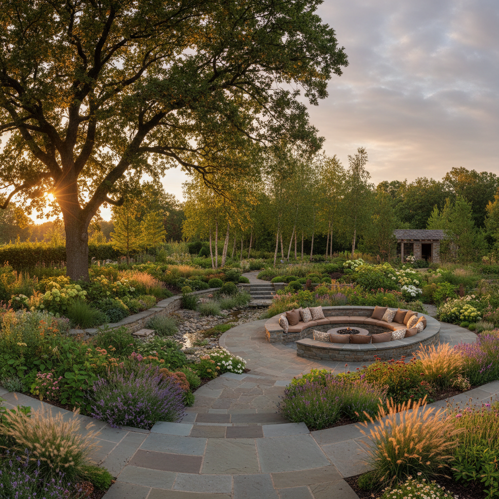 Golden evening light filtering through established oak tree canopy over a composed garden with bluestone paths, sunken seating area, and layered plantings glowing warmly