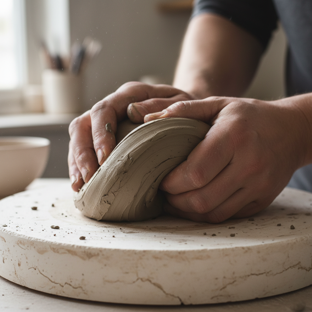 Artisan hands wedging and preparing raw clay on a workbench in a pottery studio