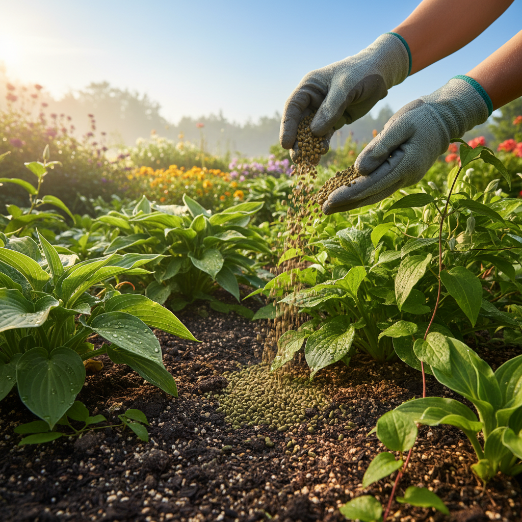 Fertilizante granulado na mão de um agricultor