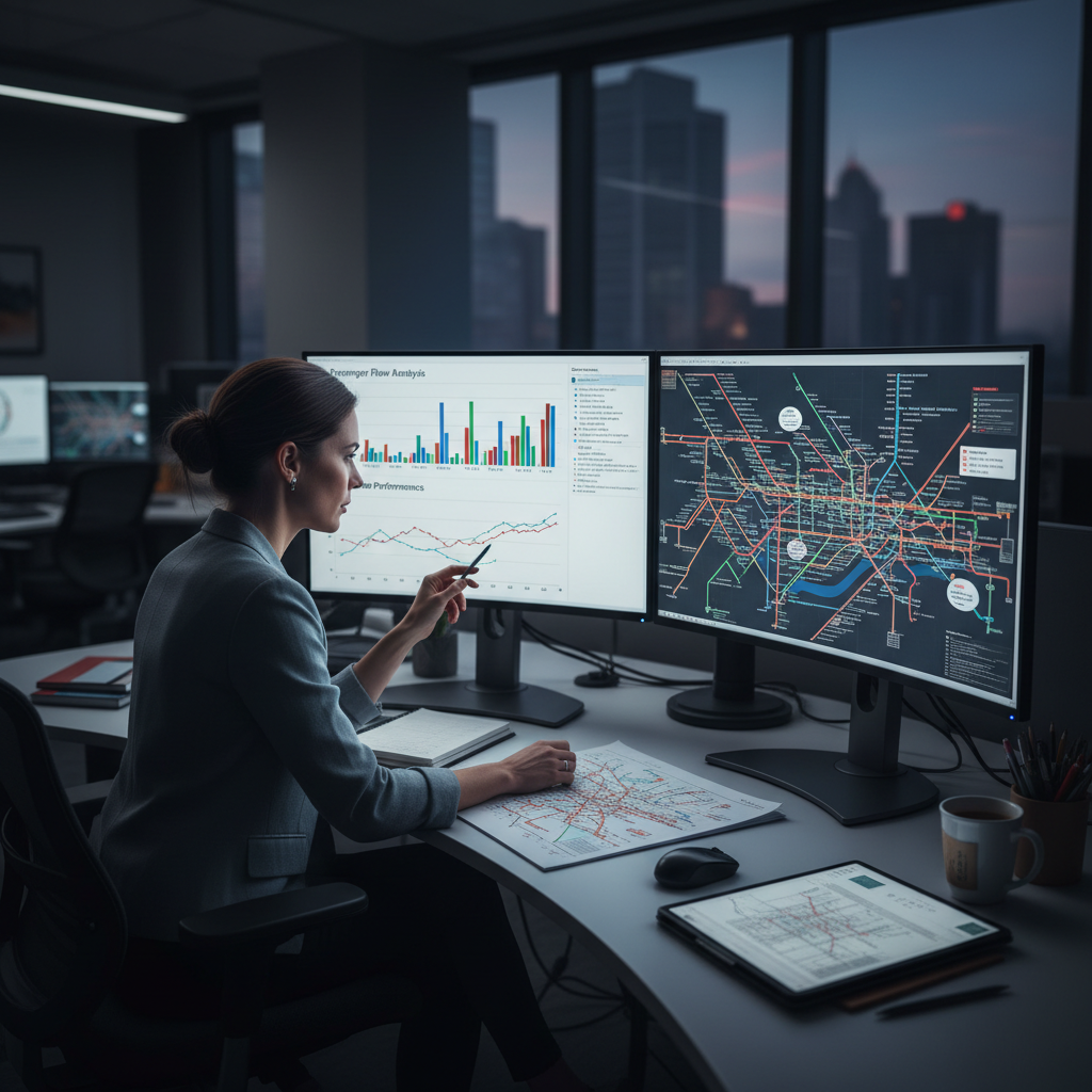 Transit planner analyzing network performance charts and route maps on dual monitors