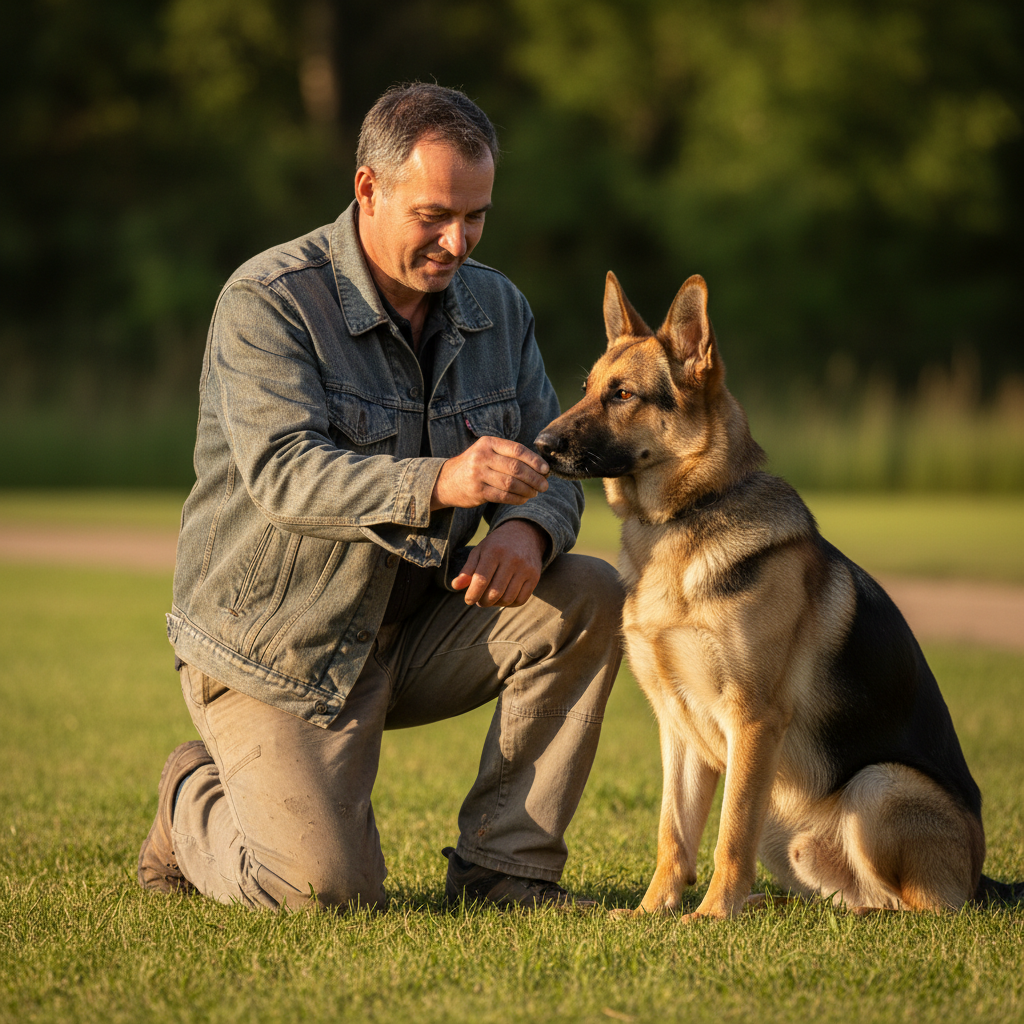 Owner kneeling with a large shepherd dog offering a treat during training