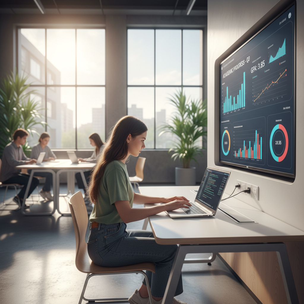 Modern classroom with students using tablets for personalized learning, teacher monitoring AI-powered analytics dashboard showing individual student progress and engagement metrics