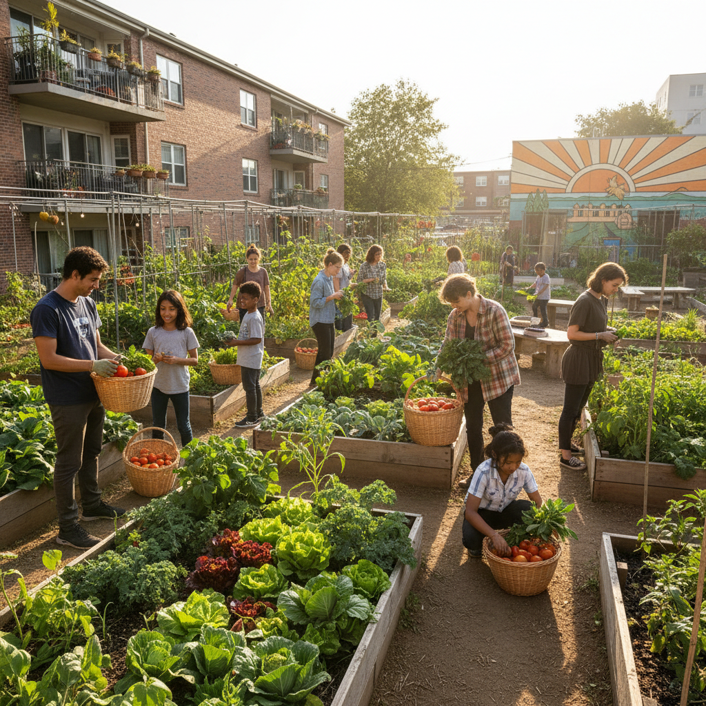Community urban garden, people tending to plants, South African township backdrop
