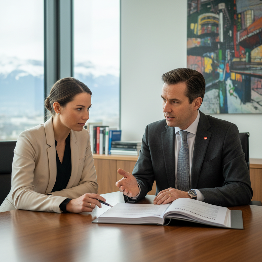 Conseiller financier suisse en costume discutant d'un dossier hypothécaire avec un client