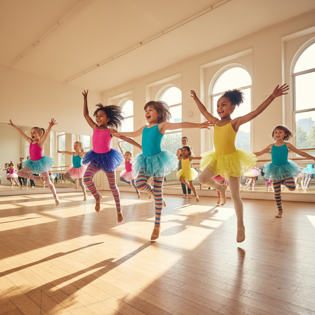 Children in dance class mid-movement, energetic after-school enrichment session