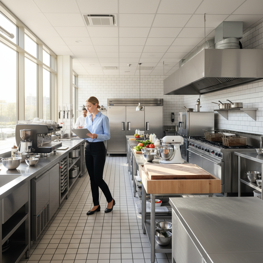 Compliance officer with clipboard walking through a bright café kitchen checking equipment