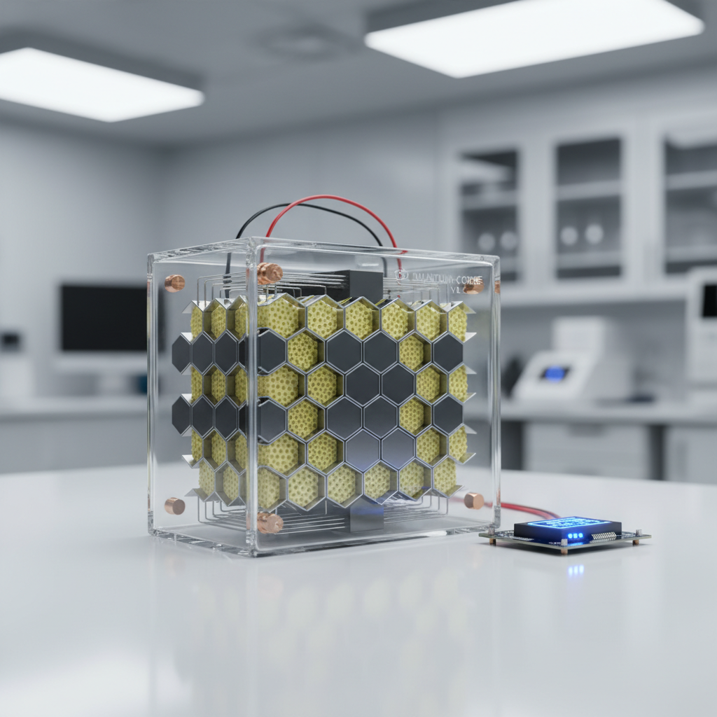 Advanced solid-state battery prototype with transparent casing showing internal cell structure in research laboratory