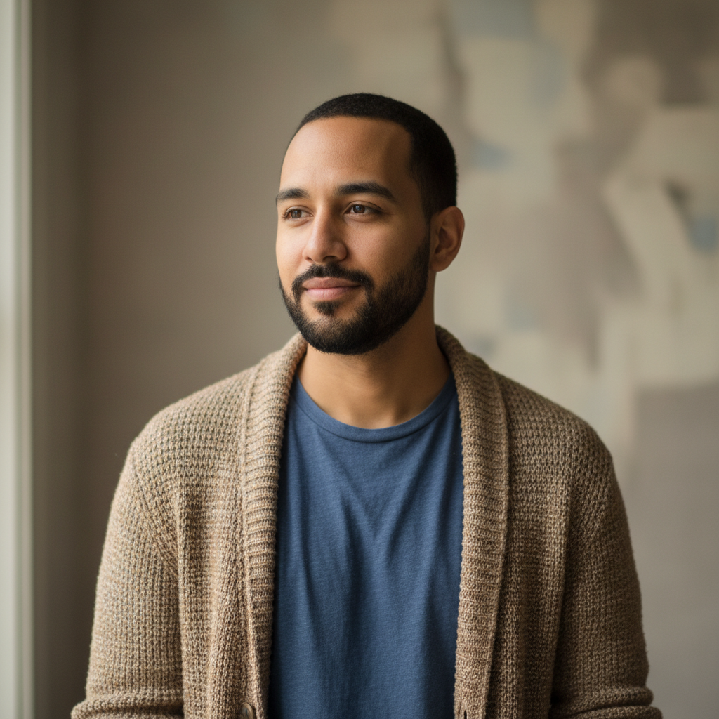 Young man with beard and casual clothing, soft light background